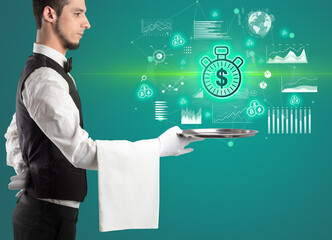 Handsome young waiter in tuxedo holding currency icons on tray