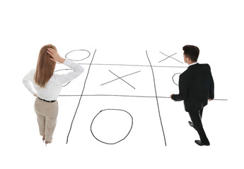 People and illustration of tic-tac-toe game on white background, back view. Business strategy...