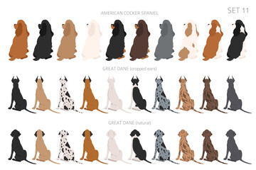 Sitting dogs backside clipart, rear view. Diifferent coat colors variety. Pet graphic design for dog lovers