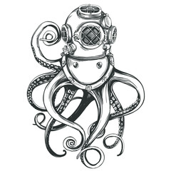 octopus in a diver helmet, old underwater diving helmet hand drawn vector illustration sketch © vladischern