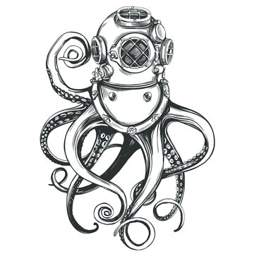 octopus in a diver helmet, old underwater diving helmet hand drawn vector illustration sketch