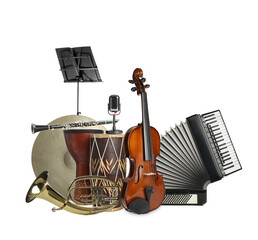 Group of different musical instruments on white background