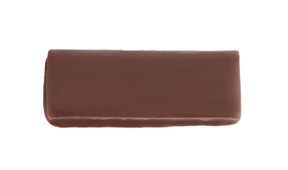 Tasty chocolate glazed protein bar isolated on white, top view. Healthy snack