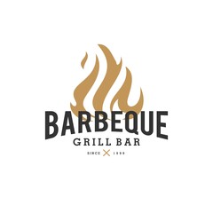 vintage barbeque poster, grill bar BBQ restaurant logo with fire and hipster typography in classic style