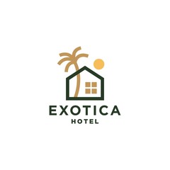 tropical beach home or hotel icon design illustration, house with palm tree logo vector, paradise hotel concept