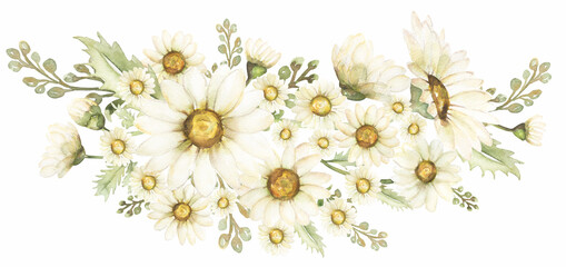Chamomile Bouquet Clipart, Watercolor Vintage Daisy illustration, Rustic Meadow Floral Bouquets, Wildflowers print, Wedding Invitation, Logo design