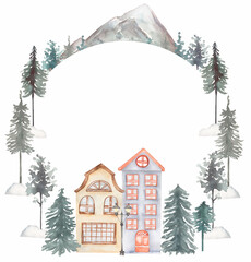 Winter House, Forest Frame Clipart, Watercolor Christmas Village Illustration, Fir tree, Snowy Town Wreath, Kids Holiday Card, Vintage Xmas