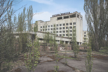 Fototapeta premium The inscription Hotel Polesie. Abandoned building in Pripyat. Radiated radiation hotel