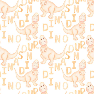 Baby Dino pattern, Watercolor Kids beige dinosaur paper, Cute T-rex seamless pattern, Stegosaurus Boy dinosaur repeat lpaper, Safari Animal Print, children textile