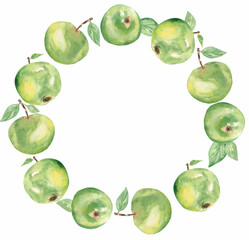 Apple Clipart, Watercolor green Apple wreath, Organic botanical fruit clip art, Garden Harvest, Wedding Invitation, Textile printing, Logo Design