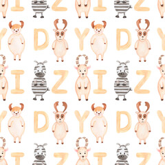 Baby Deer pattern, Watercolor Kids beige forest animals paper, Cute zebra, ox seamless pattern, woodland animal repeat paper, Safari Animal Print, children textile, alphabet pattern
