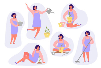 Young female character planting gardens flowers, agriculture gardener hobby and garden job. Garden set, women gardening, vector illustrations of garden gear, gardening tools. Vector illustration 