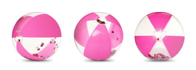 Inflatable pink beach balls with confetti inside on white background, collage. Banner design