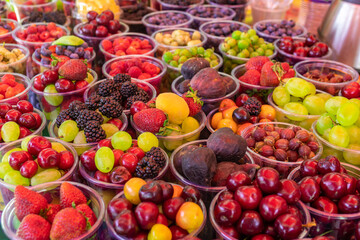 Various fruits for sale, outdoor market. Food
