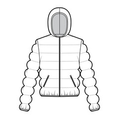 Hooded jacket Down puffer coat technical fashion illustration with zip-up closure, pockets, oversized, classic quilting. Flat template front, white color style. Women, men, unisex top CAD mockup