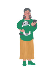 Senior caucasian modern woman with pet dog and mobile phone.