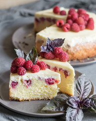Raspberry cheesecake slices with fresh raspberries and bazil leaves on a grey plate, whole cheesecake in background. Selective focus