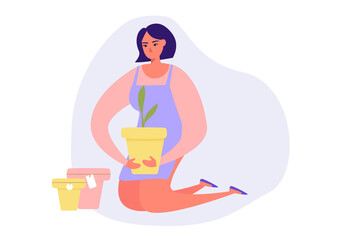 Young female character planting gardens flowers, agriculture gardener hobby and garden job. Garden set, women gardening, vector illustrations of garden gear, gardening tools. Vector illustration 