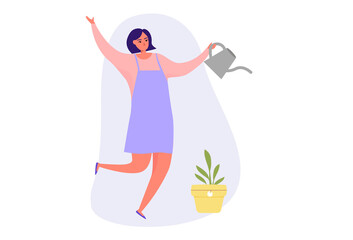 Young female character planting gardens flowers, agriculture gardener hobby and garden job. Garden set, women gardening, vector illustrations of garden gear, gardening tools. Vector illustration 