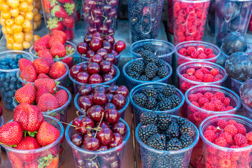 Various fruits for sale, outdoor market. Food