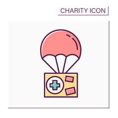 Humanitarian aid color icon. Government help. Basic necessities distributing. Exporting social protection means, medicines for medical personnel. Volunteering and charity. Isolated vector illustration