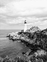 Grayscale shot of Spring Point Ledge Lighthouse in South Portland, Maine