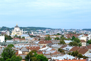 Fototapeta na wymiar Panoramic view over roofs of central Lviv