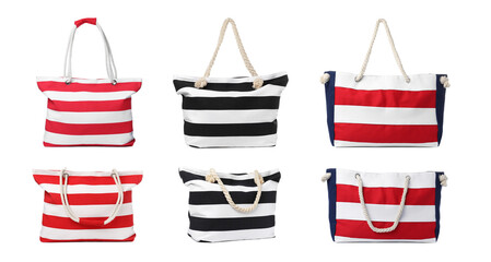Set with different stylish beach bags on white background
