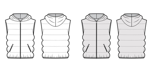 Hooded Down vest puffer waistcoat technical fashion illustration with sleeveless, loose fit, hip length, classic quilting. Flat template front, back, white, grey color style. Women, men top CAD mockup © Vectoressa