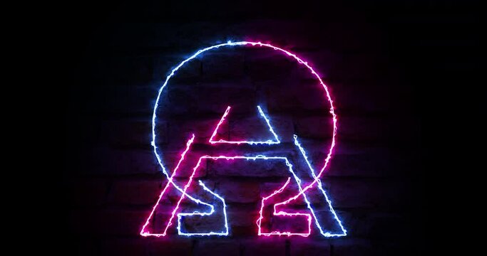 The alpha & omega signs appearing in a red and blue glow against the background of a brick wall