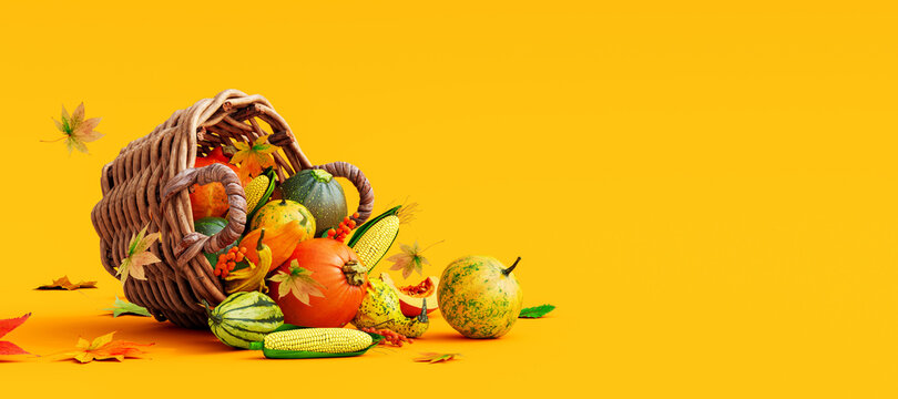 Pumpkins and autumn vegetables falling from wooden rattan basket on orange background 3D Rendering, 3D Illustration