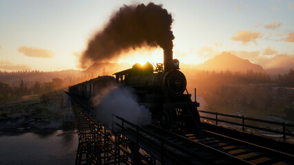 Steam train at sunset. Vintage. Western