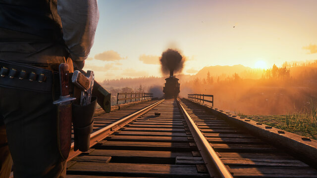 Outlaw on the rail bridge waiting for a train. Western. Redemption. Vintage