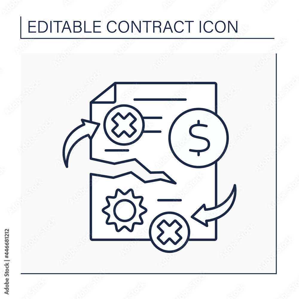 Poster contract breach line icon. civil wrong. violation of any of agreed-upon terms and conditions of bind