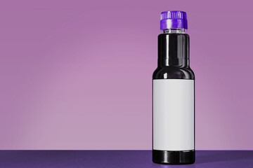 soy sauce bottle mock up standing on a black table against the purple background with copy space