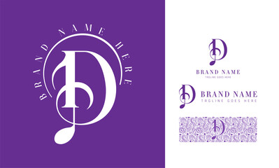 Luxury feminine and music style alphabet logo using letter D with variation and floral pattern for boutique, rhythm, decoration business