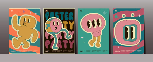 Pop art, comic, typography, vintage design. Set of vector illustrations in retro style. Funny vintage cartoon characters. Simple background images for poster, cover, banner, desktop wallpaper. © Molibdenis-Studio