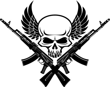 human skull and crossed assault rifles