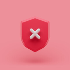 Obraz premium Shield unprotected icon with cross simple 3d illustration on pastel abstract background. minimal concept.