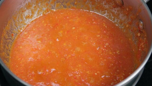 Spicy chili paste with the ingredient contains onion, garlic and raw red chili pepper. Cooking a dish