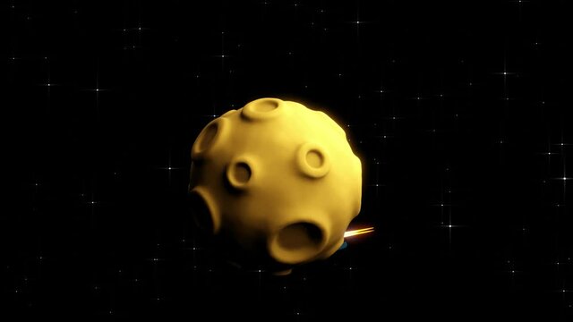 Rocket flies around the moon in orbit. Spaceship orbiting a planet with craters. Looped 3D animation.