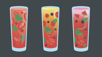 Set of summer fruit coctailes with berryes and ice cubes. Summer refreshing water illustration.