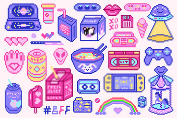 Naklejka premium Pixel art 8 bit objects. Retro digital game assets. Set of Pink fashion icons. Vintage girly stickers. Arcade Computer video. Characters dinosaur pony rainbow.