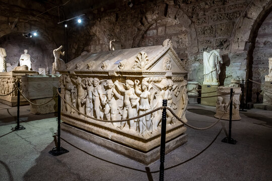 Antalya, Turkey - July 18, 2021: Sculptures and Ancient ruins in the Side Archeology Museum, Antalya, Turkey.
