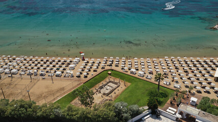 Aerial drone photo of famous celebrity sandy beach of Astir or Asteras in south Athens riviera with...