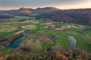 Aerial panoramic view of Nature park Radensko polje karst field near Grosuplje, Slovenia