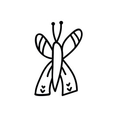 Single hand drawn butterfly. Doodle vector illustration. Isolated on a white background.