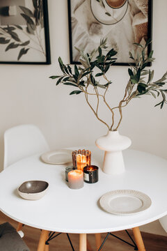 Modern style kitchen interior with candles