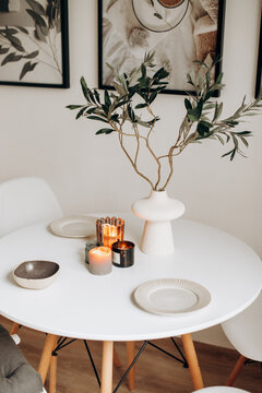 Modern style kitchen interior with candles