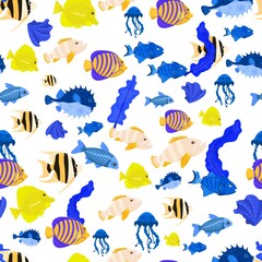 Fototapeta premium Marine life seamless pattern. Angelfish, shell, x-ray fish, pufferfish.